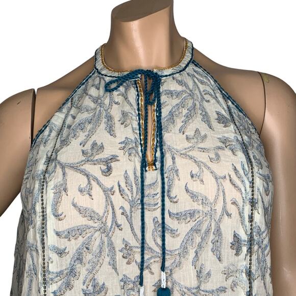 Lovestitch Halter Top Floral Print Size M Bohemian Green & Beige Stitching Trim - Picture 2 of 14